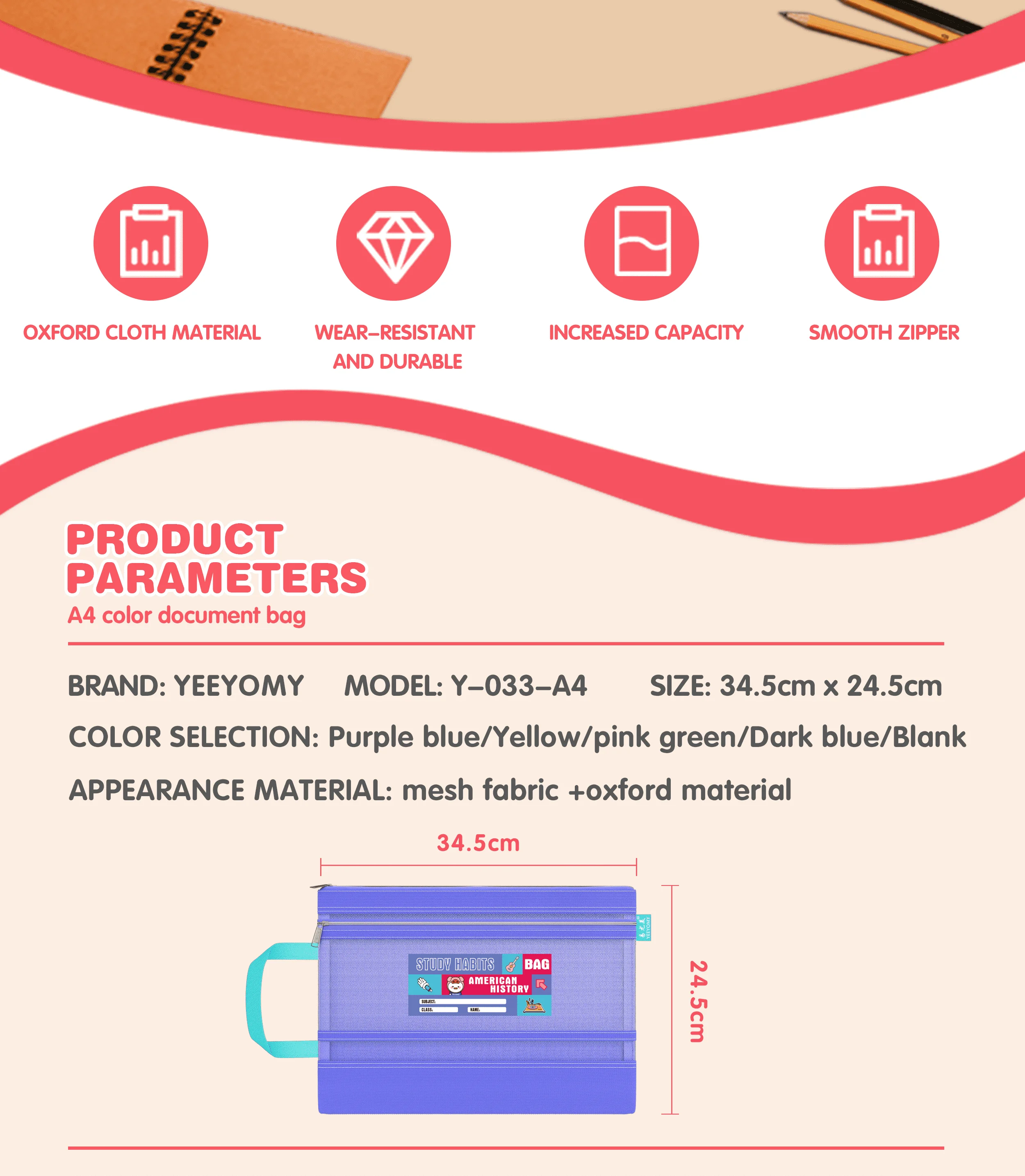 Plastic File Bag School Textbook Examination Paper Sorting Document Storage Bag Double Zipper A4 Document Bag