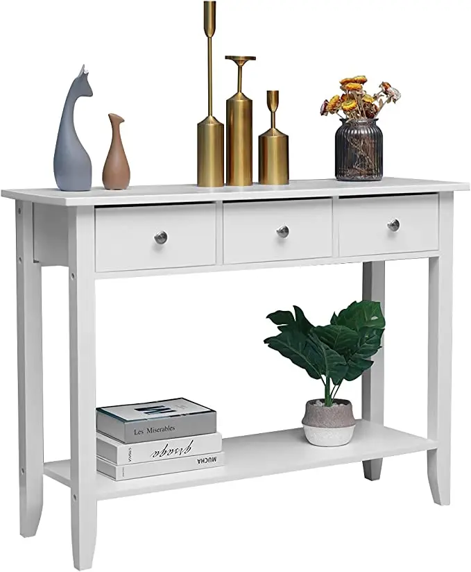 White Console Table with Shelf and Drawers Modern Entryway Wooden Hallway Bedroom Console Side Table