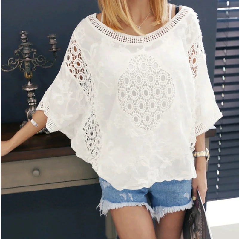 2024 Bohemian White Shirt  Lace Crochet  Ladies Cotton Blouse Bat Wing Sleeve Top