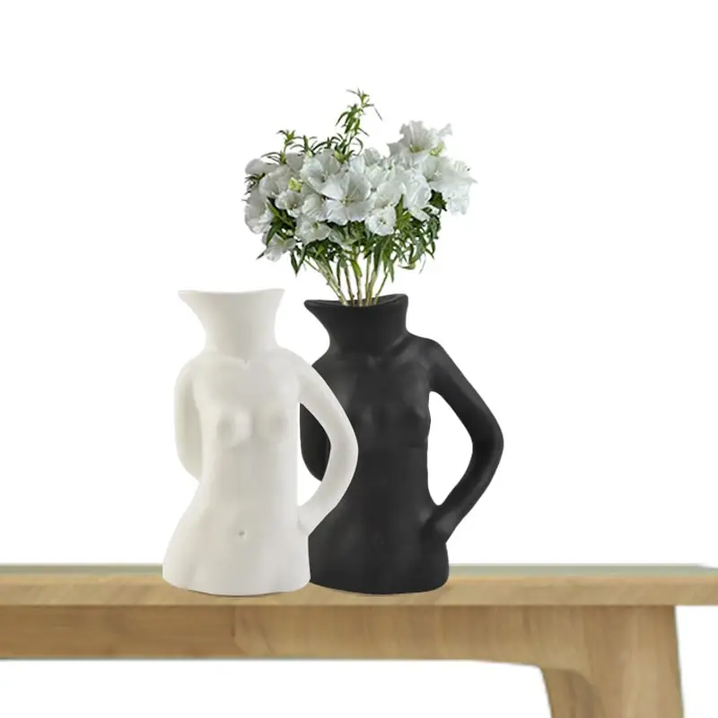 Redeco Amazon Elegant Female Bust Art Nude Vase Black Human Body Vase White Ceramic Body Shape For Home Decor