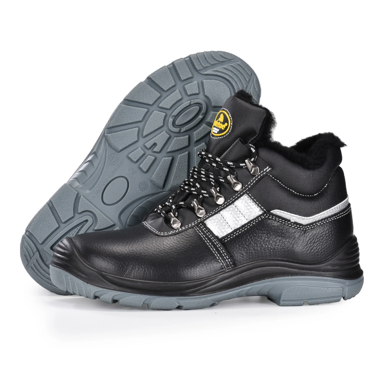 Winter Safety  Shoes Water Resistant Cow  Leather Safety Shoes Boots M-8027 Fur Men Work Shoes Black