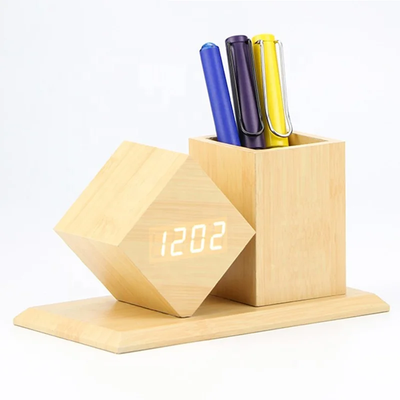KH-WC010 Environmental Wood LED Digital Pen Holder RoHS CE Certified Alarm Clock for Office
