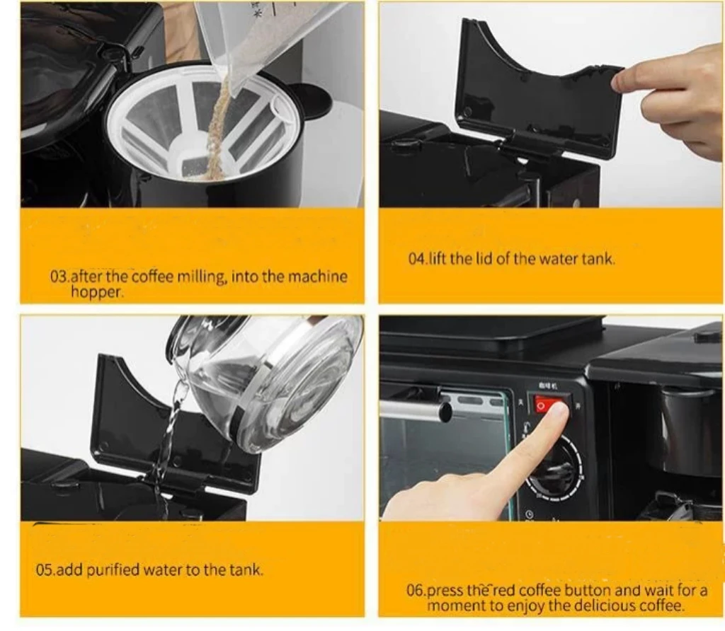 High Quality Multi-Purpose 4 Color 3 In 1 Breakfast Maker Machine For Toaster Baking Frying Coffee