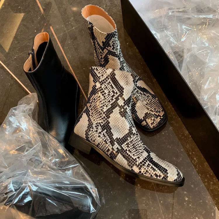 Xinzirain Wholesale Ladies Heel Wide Fit Square Toe Snake Print Genuine Leather Low Heel Women Ankle Boot