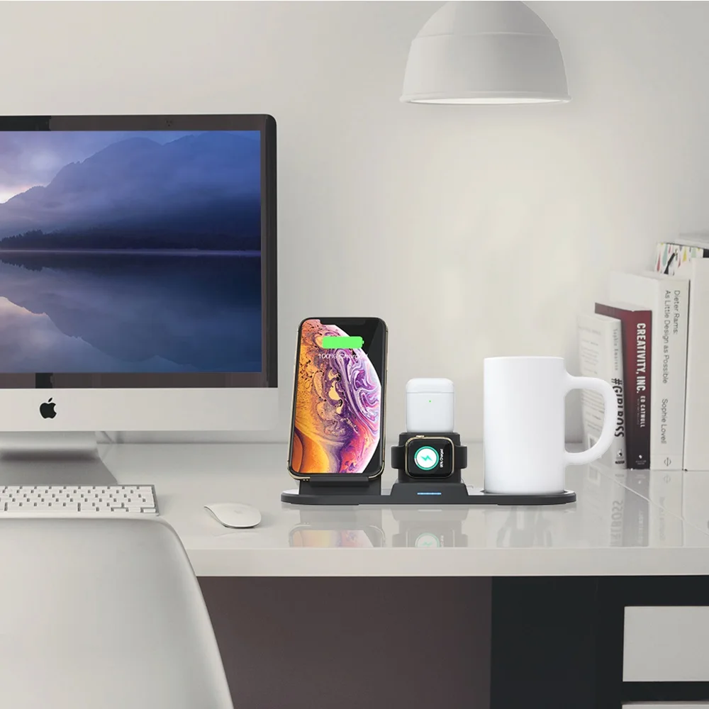 
4 in 1 Fast Qi Wireless Charger And Intelligent Thermostat Warmer Mug Wireless Charging Dock for Smart phone earphones watch 