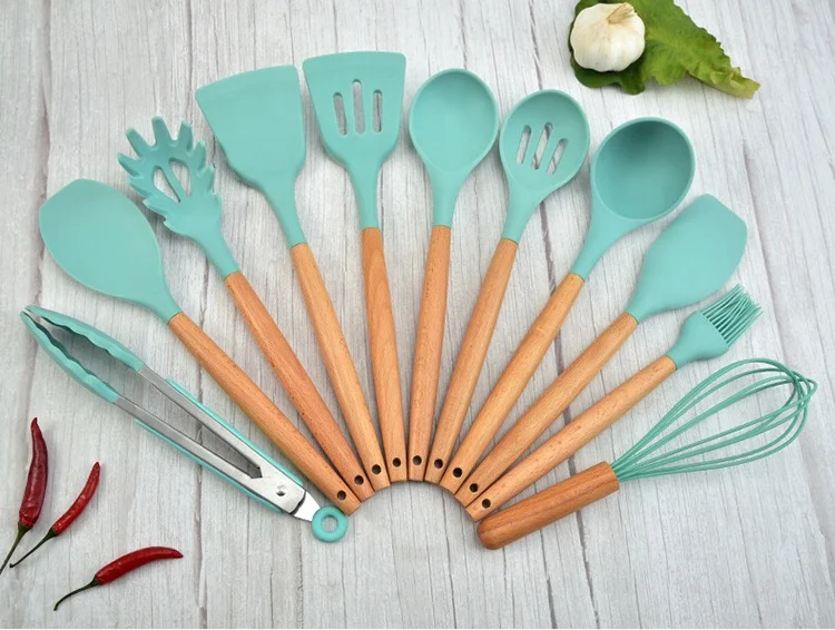 Non Toxic 12 pcs Cooking Tools Kitchenware Cocina Spatula Silicone Kitchen Utensils Set With Wooden Handles