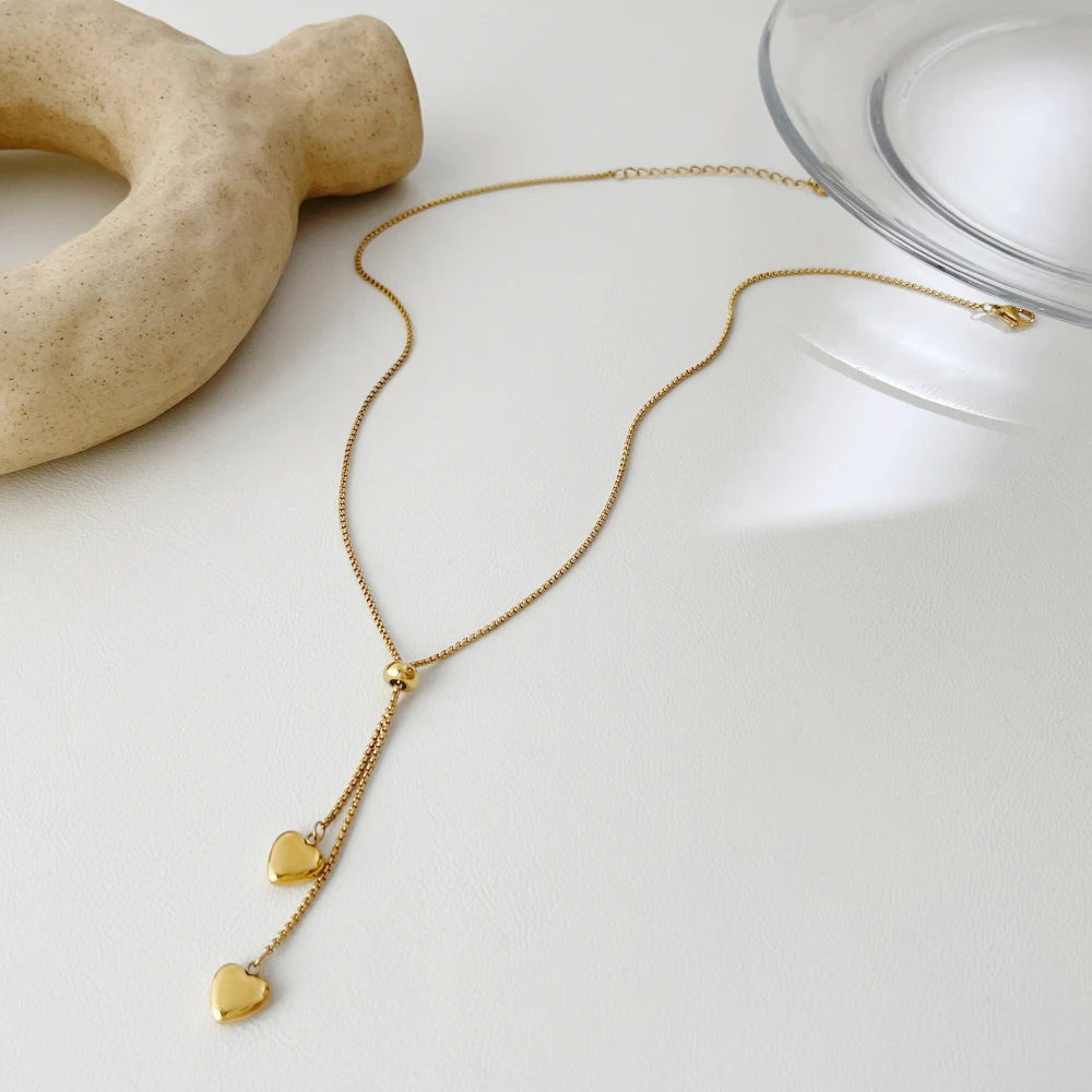 Elegant Adjustable Movable Lariat Stainless Steel 18K Gold Necklace Women Dainty Heart Pendant Box Chain Choker Romantic Jewelry