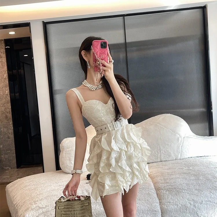 2024 french women super beautiful white dress with straps women high-end ruffled fabric birthday dress