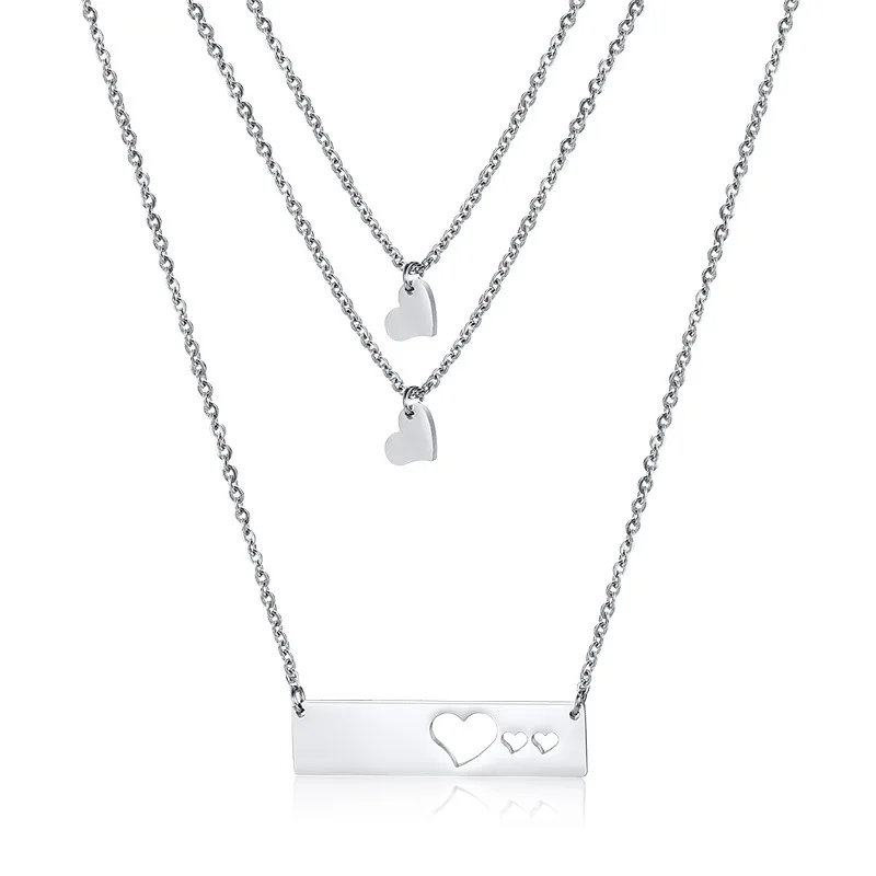 Stainless steel long heart-shaped three-layer necklace silver simple Japanese and Korean lady necklace