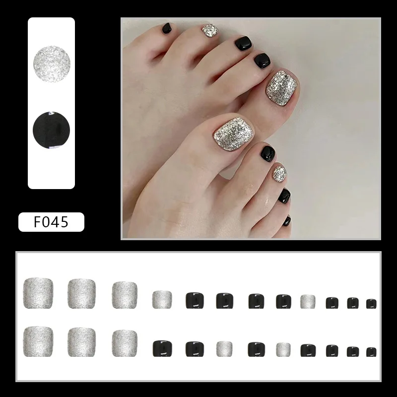 F045 Wholesales New Design Toe Nails Square Series French Flower Colorful Toes Press on Nails Custom False Toe Nails