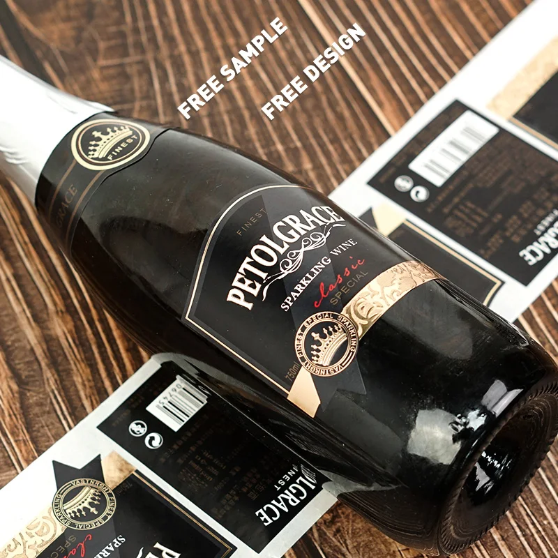 Black Printing Logo Custom Waterproof Glass Bottles Sticker Champagne Whiskey Gin Label Sticker For Wine Jars