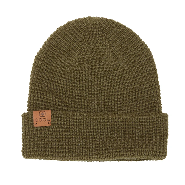 Wholesale Custom High Quality Cheap Leather Patch Logo Waffle Knitted Beanies Hats