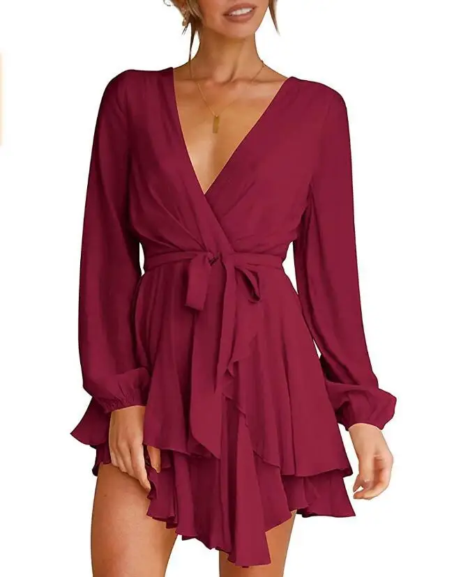 2022 Amzaon Hot Selling Summer Women Long Sleeve  Dress Casual Party Evening V Neck Waist Tie Ruffle Mini Swing Skater Dresses