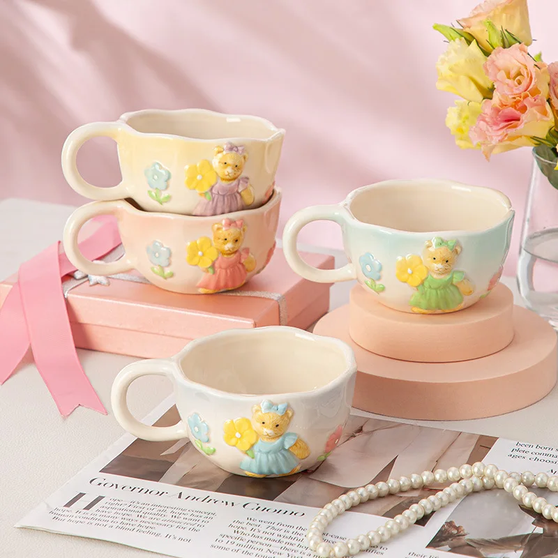 Lelyi Ins cute hand-painted ceramic 3D flower bear mug retro cream irregular ceramic coffee cup