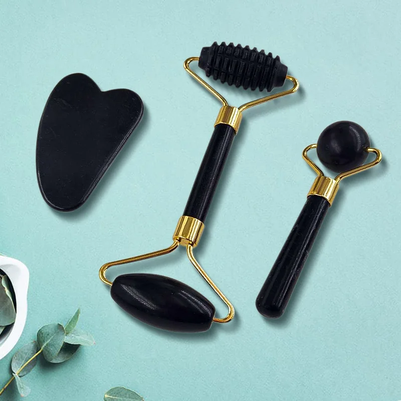 Natural Black Bian Stone Face Skincare Massage Tool Healthcare Roller Guasha Kit Custom Logo Jade Facial Roller And Gua Sha Set