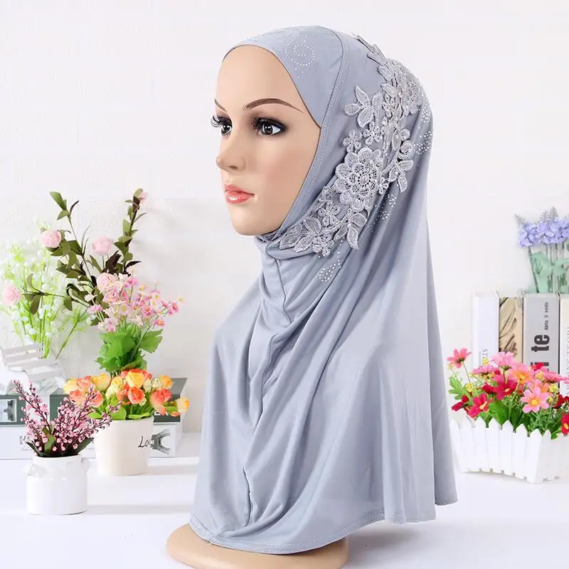 lace flowers rhinestones muslim hijab women islamic beaded hijab scarf HW263