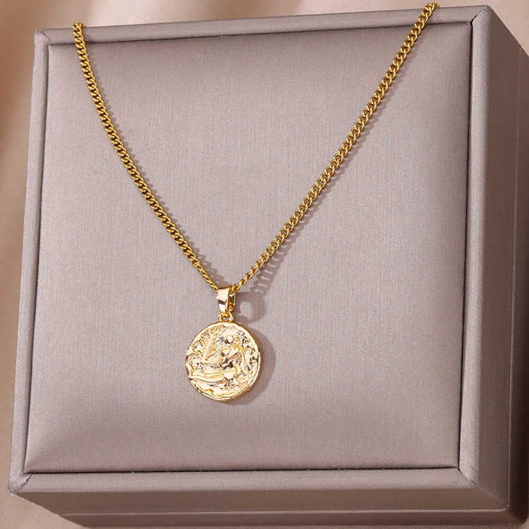 Fashion Trendy Jewelry Gold Plated Stainless Steel Round Coin Embossed Pendant Fine Zodiac Sign Charms Necklace for Women
