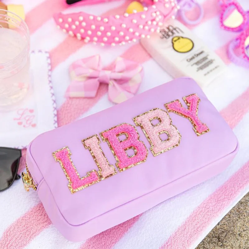 Diy Letter Waterproof Nylon Durable Women Embroidery Patches Makeup Case Fashion Red Large Cosmetic Bag Nylon Utility Pouch