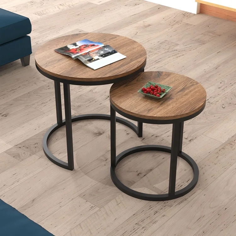 Modern living room luxury stainless steel legs round two wooden nesting center coffee table set