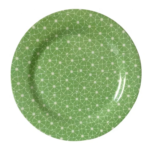 Decorative wholesale melamine rustic style printed dusty blue round green salad dessert charger plates for restaurants and kids