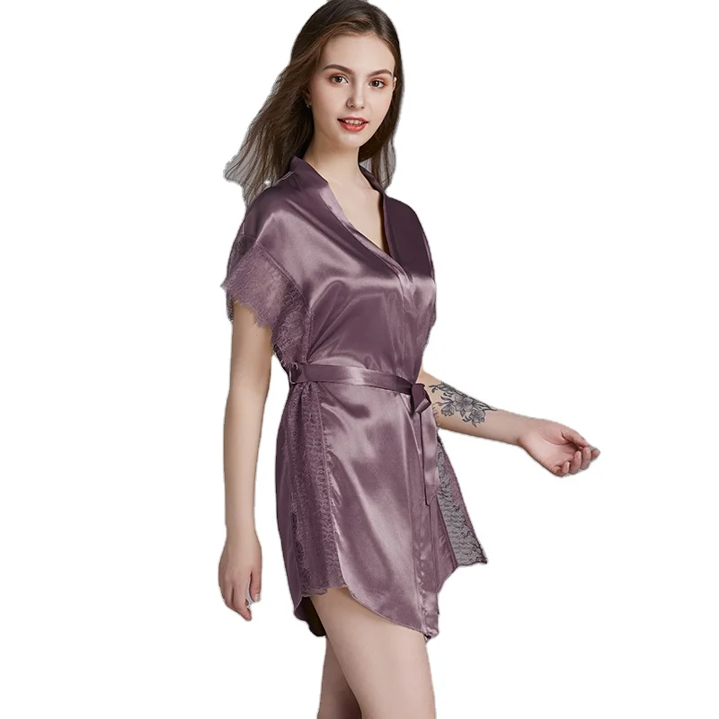 Оптовая продажа, пикантная домашняя кружевная Пижама с коротким рукавом, короткий халат с V-образным вырезом