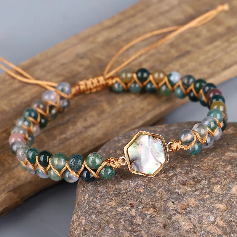 Bohemian Vintage Hand Woven 4mm Indian Agate Beaded Bracelet For Women Natural Stone Entangled Adjustable Rope Yoga Bracelet