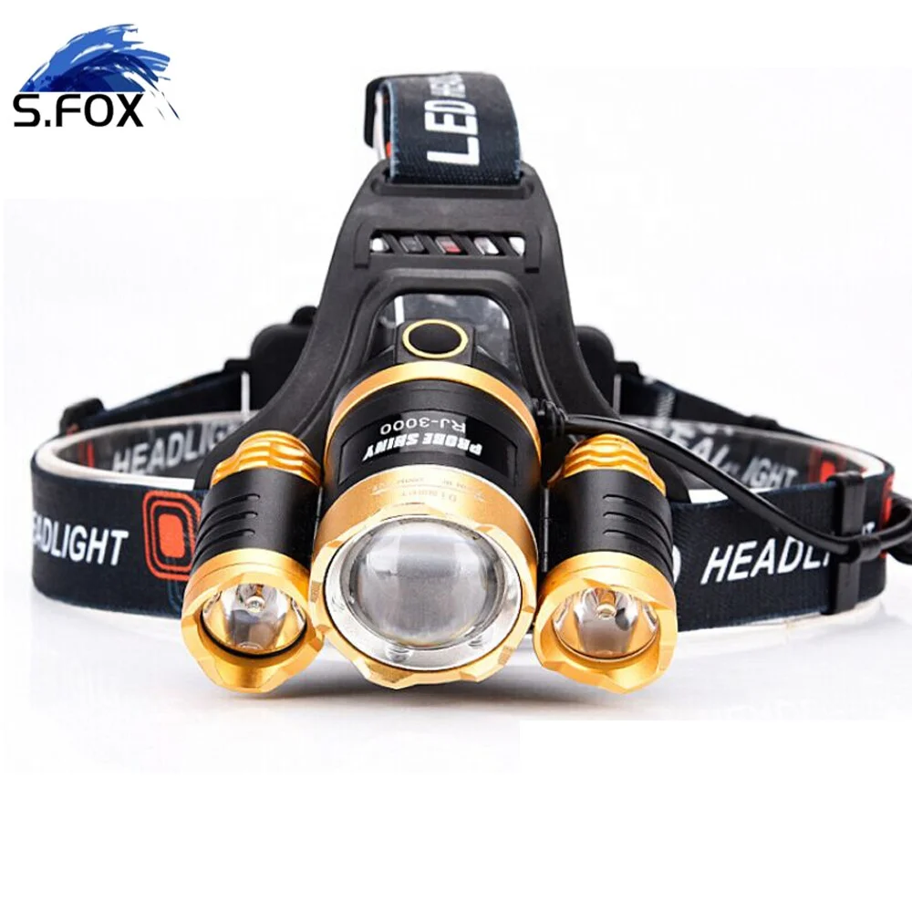 2019 Waterproof Adjustable Focus 3 Heads Gold Color LED Headlamp T6 Zoomable LED Headlight