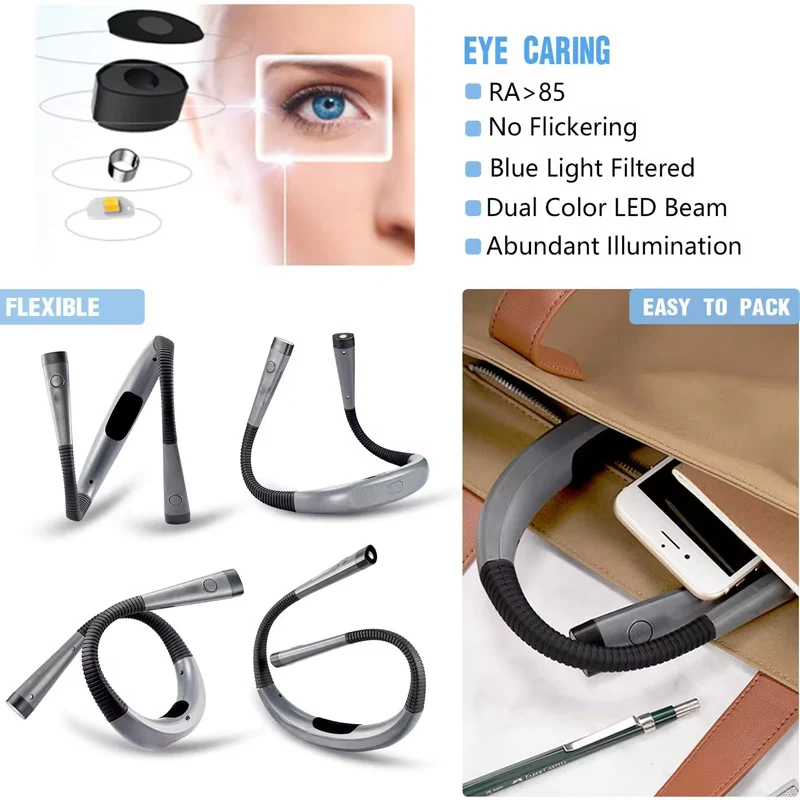 Long Lasting Flexible Arms Rechargeable LED Neck Reading Light Hands Free Brightness Adjustable Book Light for Reading in Bed
