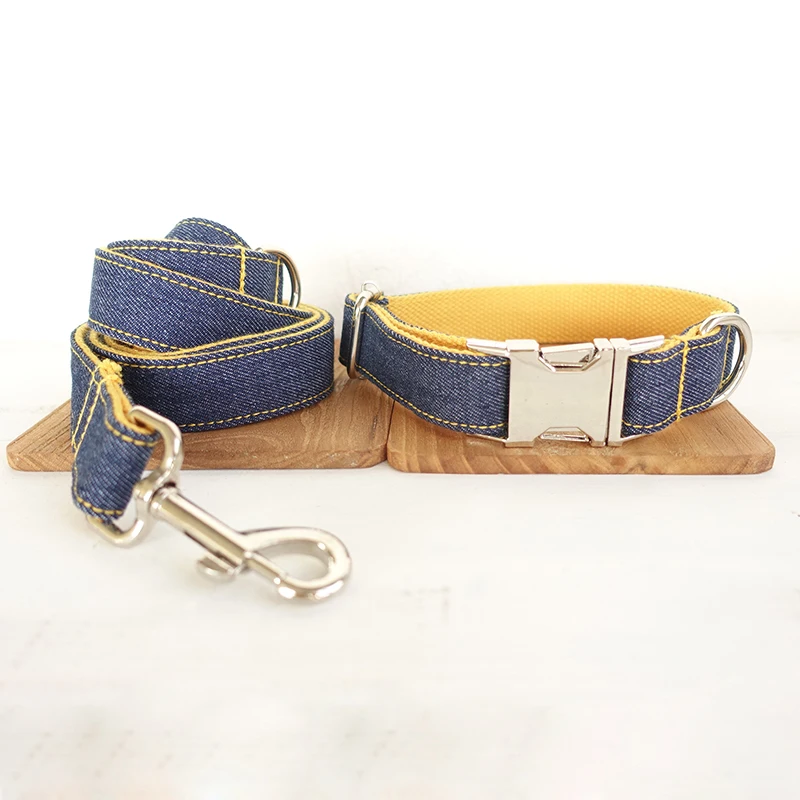 Yellow Jean Custom Dog Collar set with Leash Pet Dog Tag Collar Nylon Puppy Cat Name Phone ID Collars For Small Large Dogs
