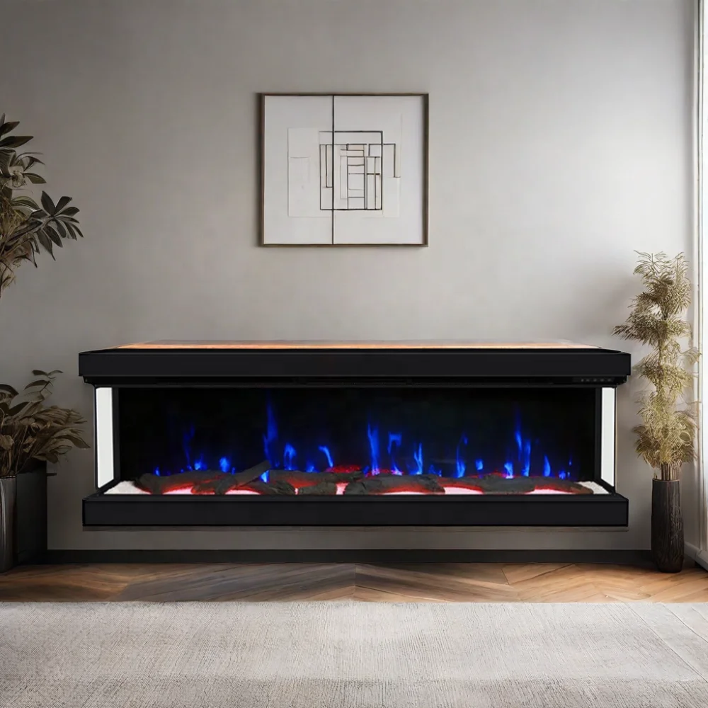 Wholesale Custom 60-Inch Electric Fireplace with 3-Side Glass and Heat Burner for Household & Hotel Use