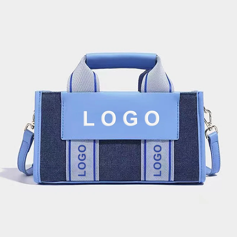 OEM Custom Logo Square Denim Handbags Ladies Women Handbag Canvas and Leather Tote Bag Unique Crossbody Shoulder Bags