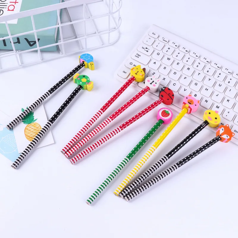 3D Cartoon Animal Topper Eraser School Pencils with Logo Custom Printed,HB Lead Black Cute Pencil School with Eraser