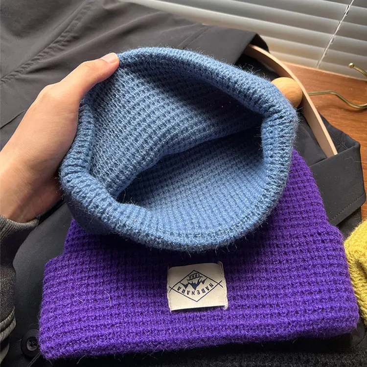 sport new fashion waffle knitted beanie hat logo embroidered mens knit cuff waffle knit beanie hat