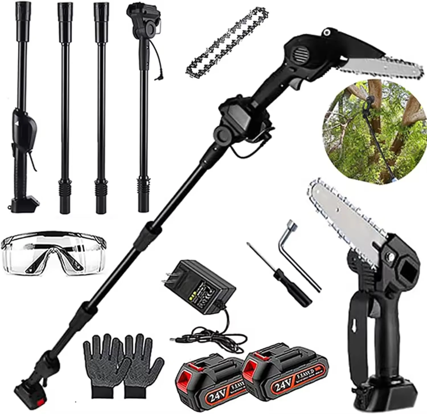 21V 86inch 2 Battery Electric Pruning Saws Fruit Tree Branch Pruning Machine 4-Section Adjustable Branches Cutting Tool Chainsaw