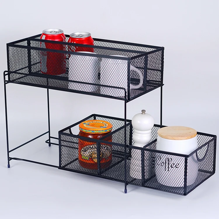 Steel Mesh 2-Tier Under Sink Cabinet Organizer with Sliding Storage Drawer