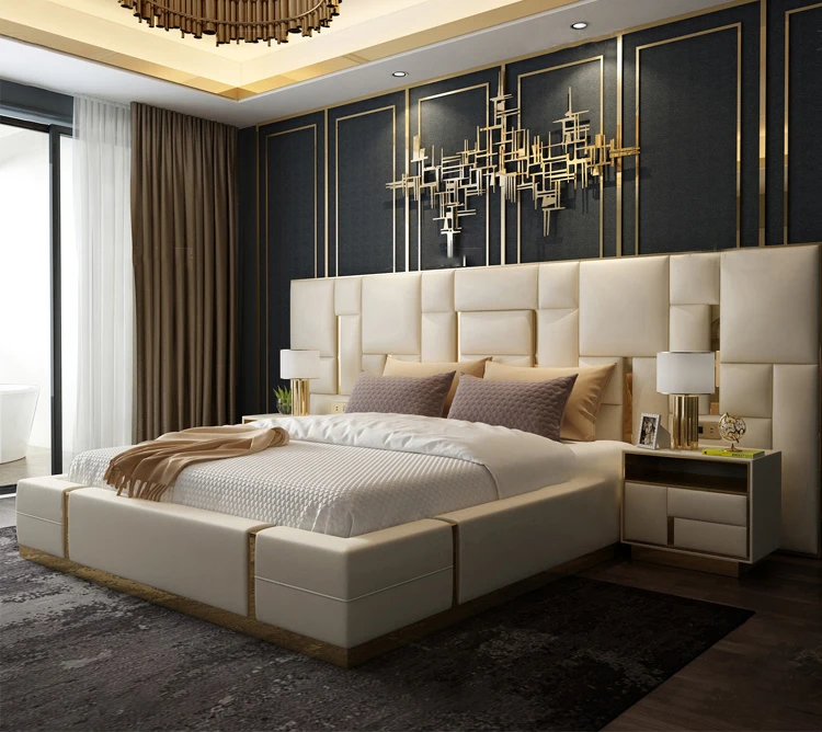 Italian ultra modern super king size genuine luxury leather bed with storage and long