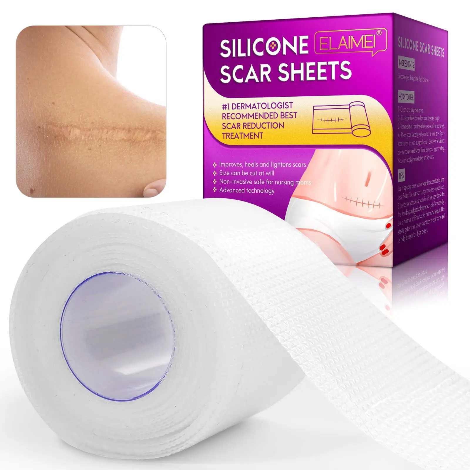 Reusable flexible breathable durable soft medical-grade silicone roll for scar dilution Scar Roll Scar patch