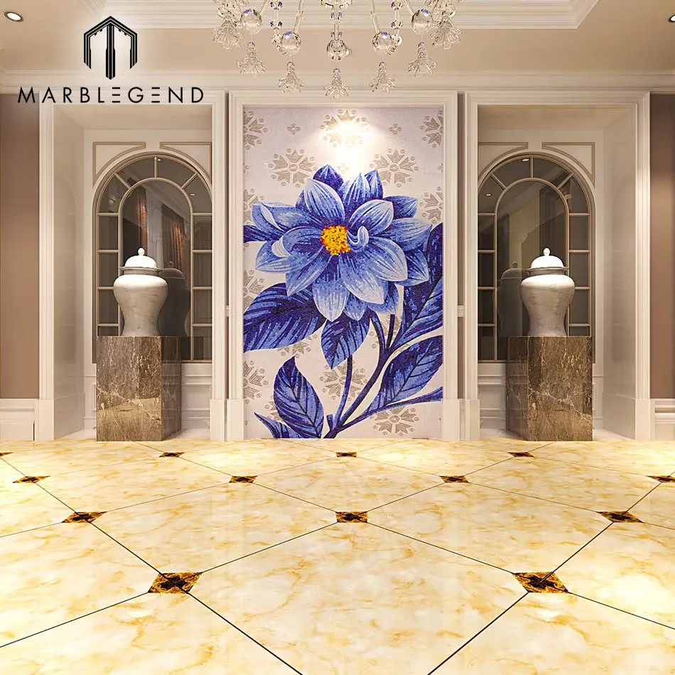 Custom bathroom wall pattern ice jade glass mosaic mural art flower mosaic wall