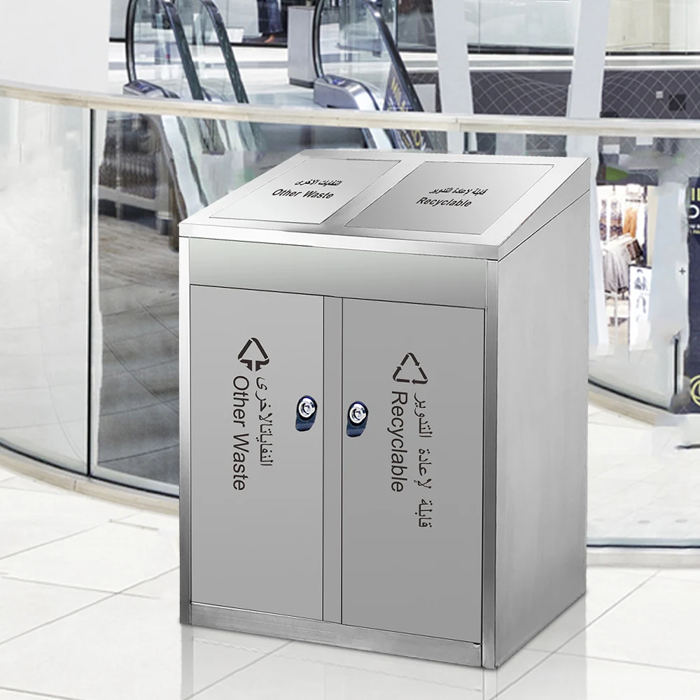 China Supplier Swing Top Double Compartment Garbage Waste Recycle Bin Station Or Airport Metal Bin