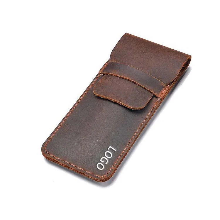 Custom Genuine Leather Pen Pencil Bag Case Pouch Cowhide Plush Crazy Horse Leather Pen Holder Bags for School Leather Pen Bag