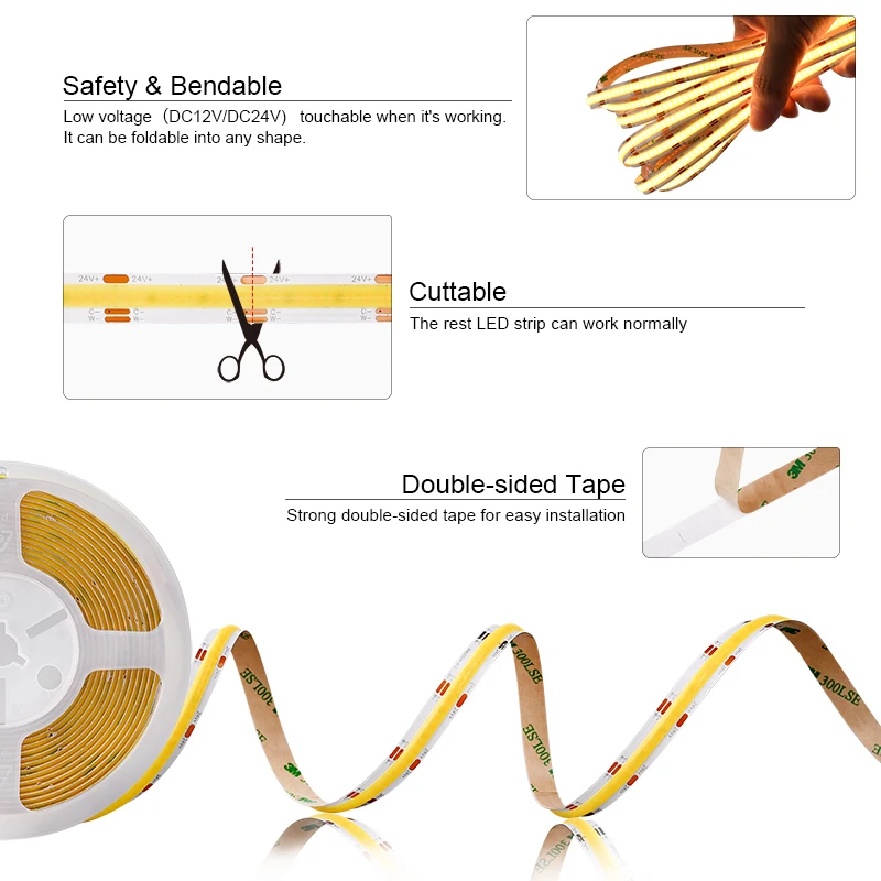 COXO 3 Years Warranty cct three colour cob led strip 608led 10mm wide 12v 24v Double Color cct cob led strip