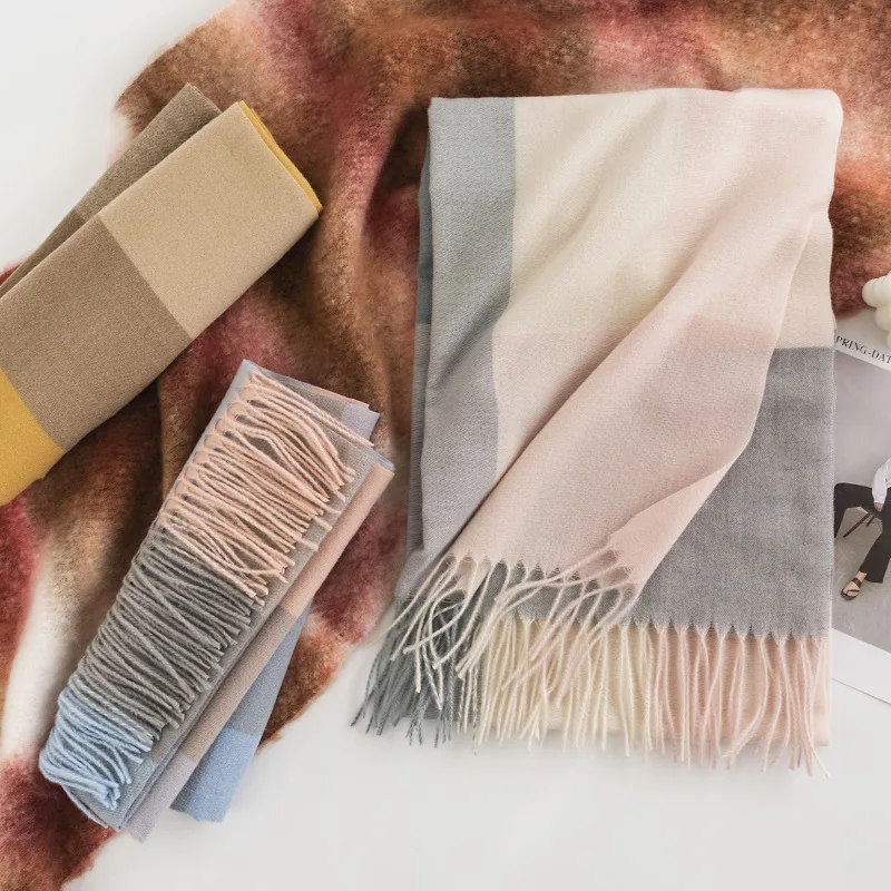 Wholesale Warm Winter Soft Loop Headwrap Shawl Long Style Hijab Tassels Plaid Custom Artificial Cashmere Printed Scarf for Women