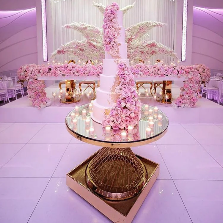 Gold round stainless steel legs mirror glass wedding cakes table for sale