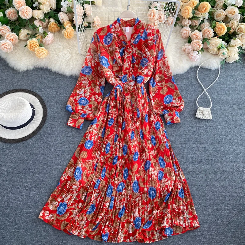 Wholesale Spring Fall Women Long Sleeve Printing Maxi Casual Pleats Dresses For Ladies