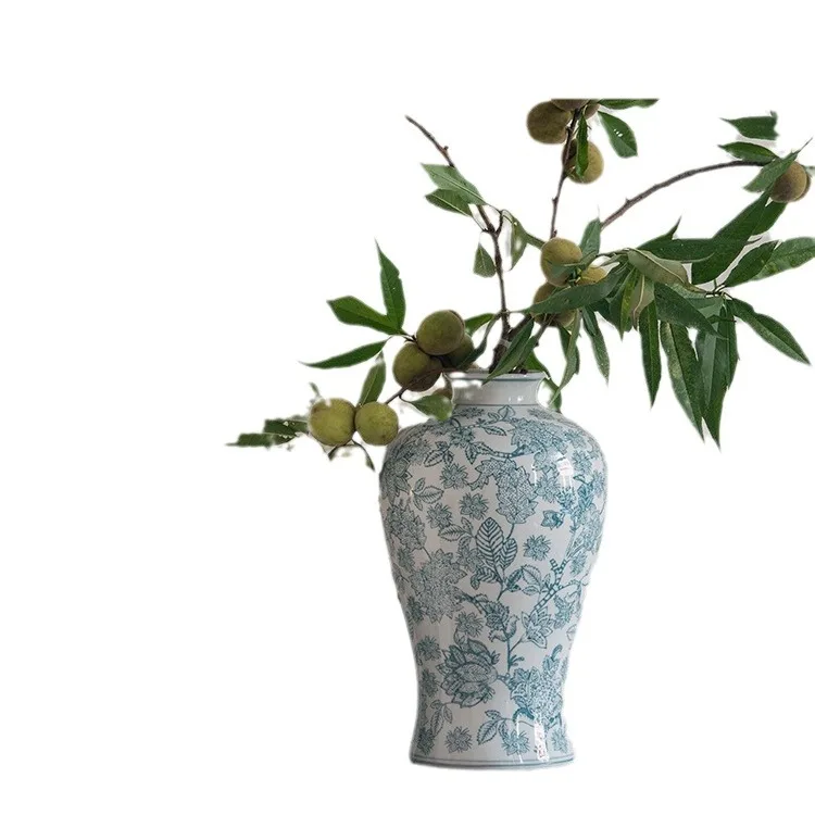 New Chinese Retro Blue and White Porcelain Vase - Light Luxury Bamboo Design for Living Room
