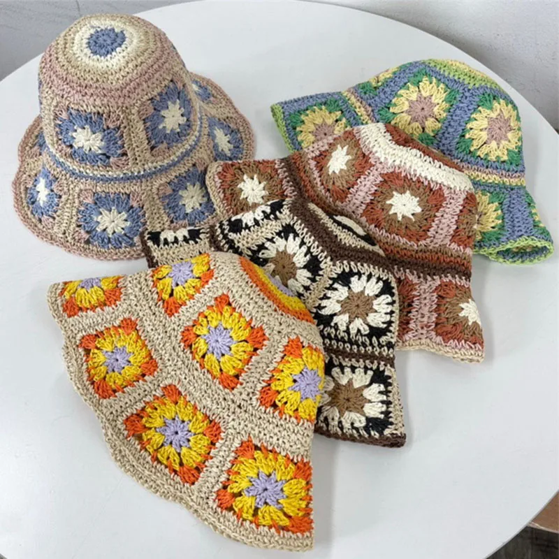 Handmade Panama Crochet Sun Flower Straw Beach Fascinator Cap Visor Bucket Hats