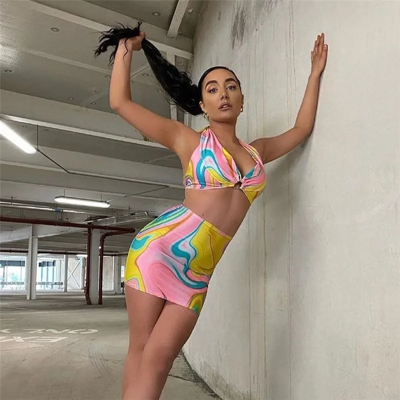 Summer 2022 Women Crop Top Sleeveless Floral Pattern Xs Women Clothing Sets Halter Printing Skirt And Top Set 2 Piece Skirt Set