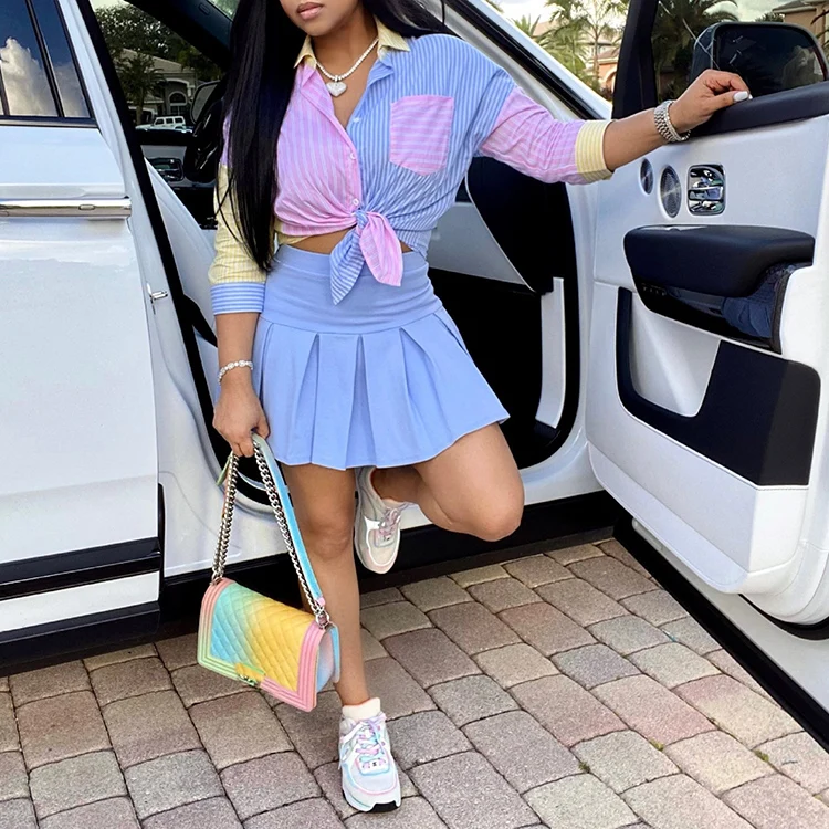 
2021 Summer Designs Clothing Women Casual Two Pieces Pleated 2 Piece Tennis Skirt Sets Outfit Ladies Skirts And Blouses Set 2021 