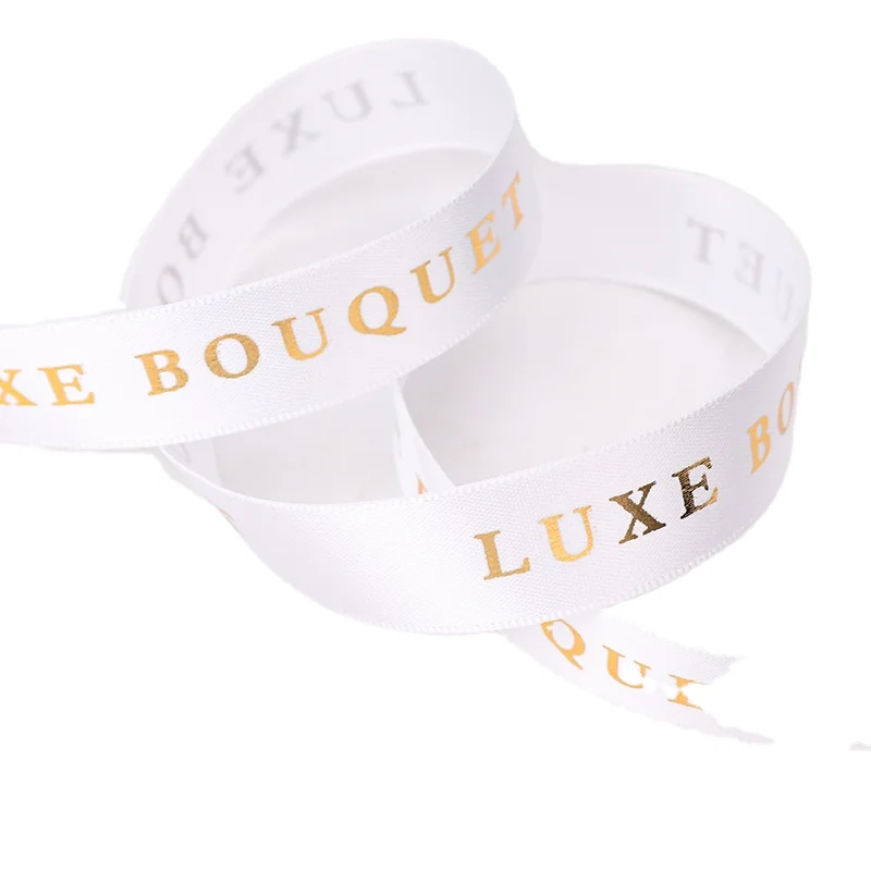 1 inch Luxury Bouquet Personalized Company Logo Polyester Satin Ribbon with Shiny Hot Stamping Printing Ribbon