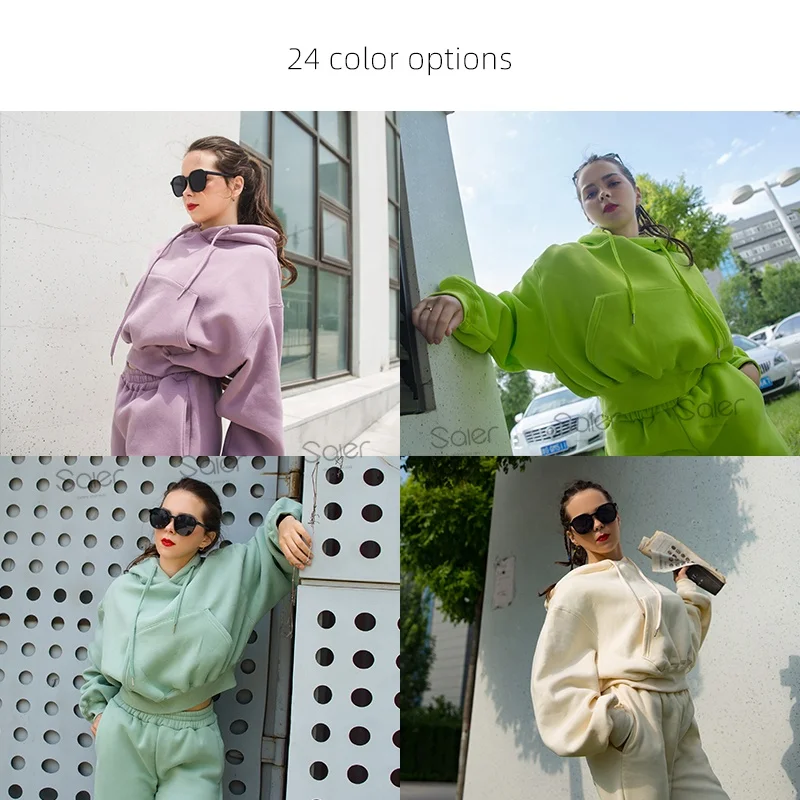 
2020 fall wholesale hoodie custom logo solid womens sweat suits sport casual two piece set women clothing winter 